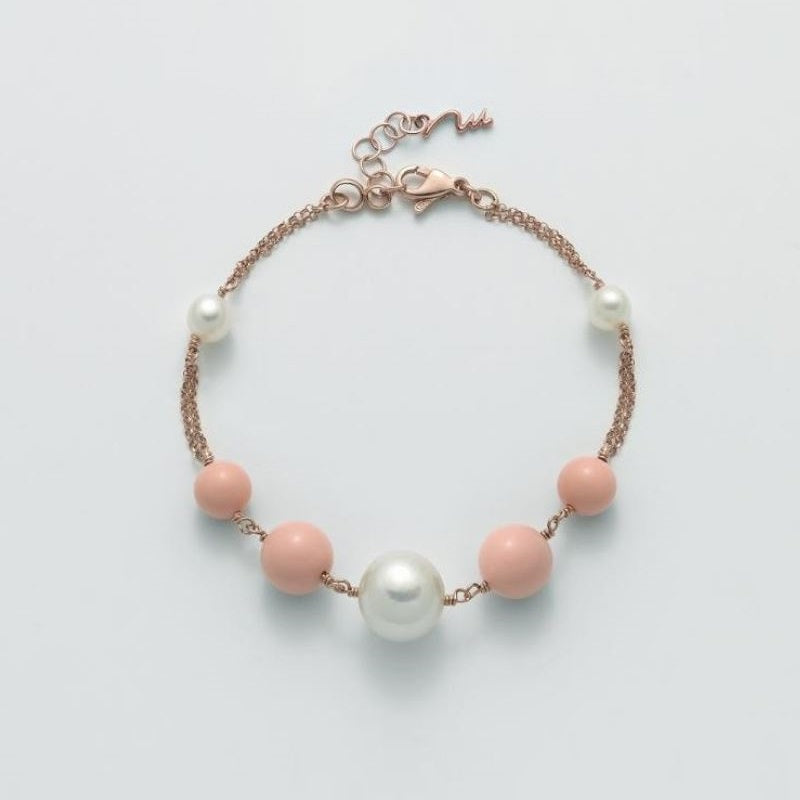 Bracciale da donna in argento rosé 925 corallo rosa e perle bianche PBR2471M