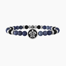 Cargar imagen en el visor de la galería, Pulsera de hombre con dumortierita azul, ágata negra y tortuga Kidult 732258
