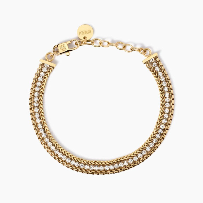 Bracciale da donna in acciaio dorato con due catene e tennis Kidult 831026