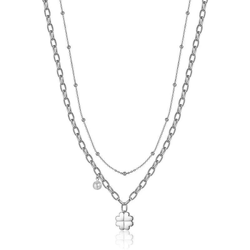 Luca Barra CK1666 women's steel necklace with four-leaf clover