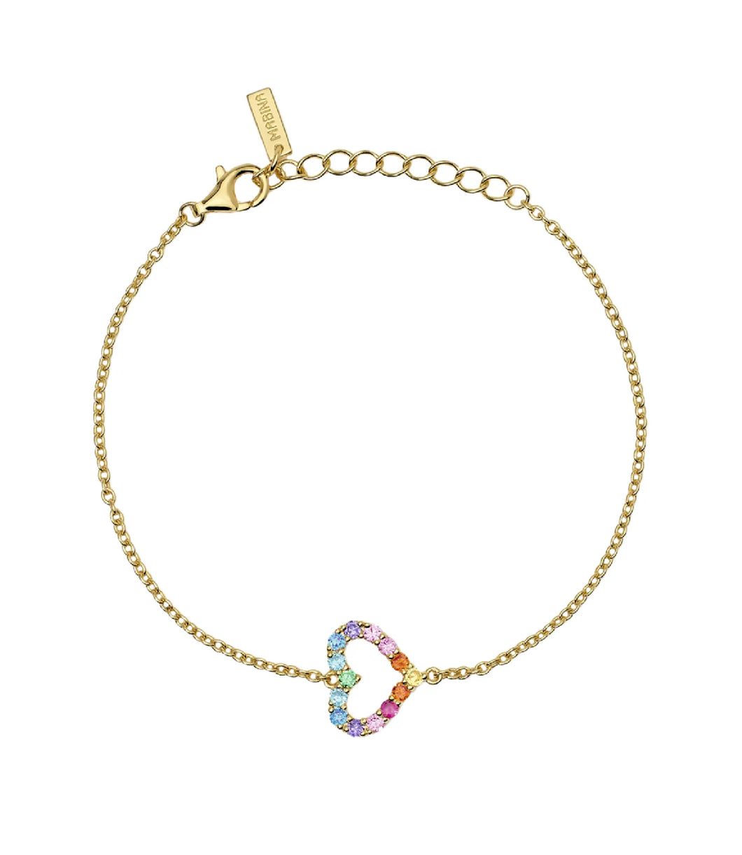 Bracciale catena da donna della collezione Mabina Happy Love in argento placcato oro con catena e cuore centrale di zirconi multicolor 533836