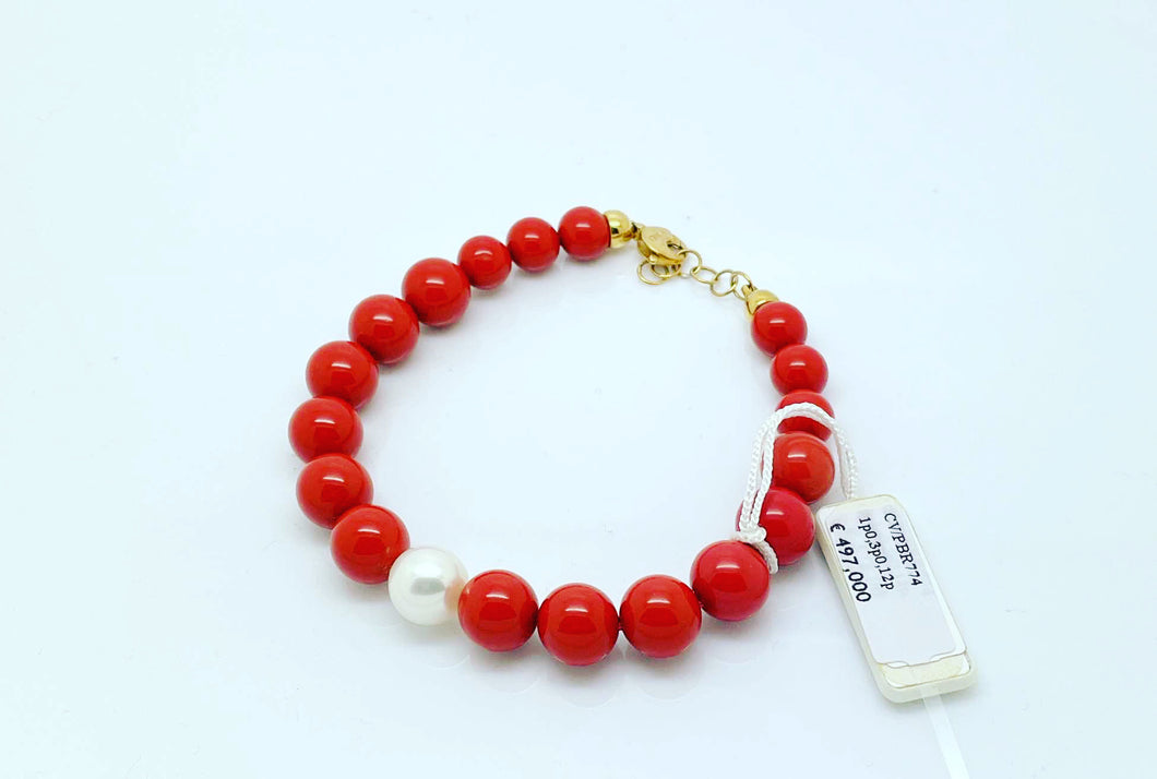 PBR774 Bracciale NIMEI in oro giallo 18Kt e Corallo rosso ric. e perla